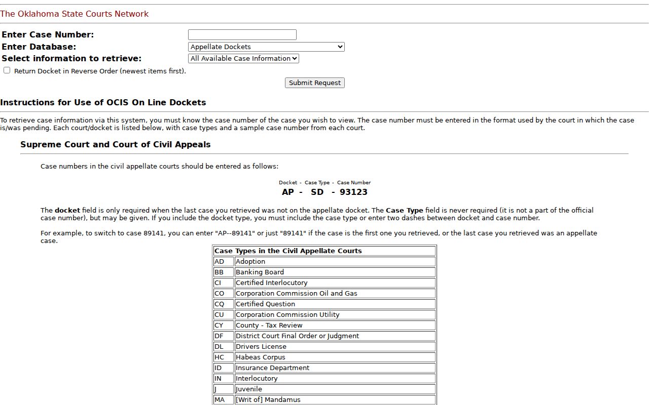 Oklahoma court dockets OSCN case information interface