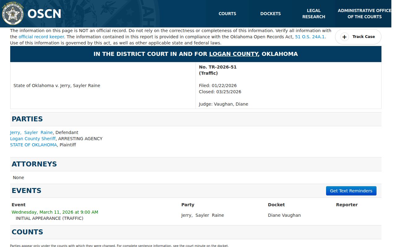 Oklahoma court docket sample with traffic case events