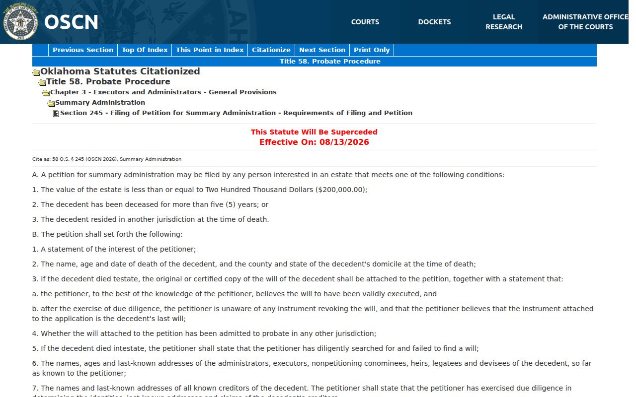 Oklahoma probate records summary administration statute